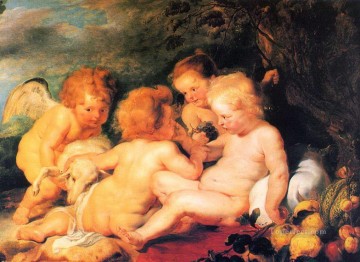  Angels Oil Painting - christ and st john with angels Peter Paul Rubens nude